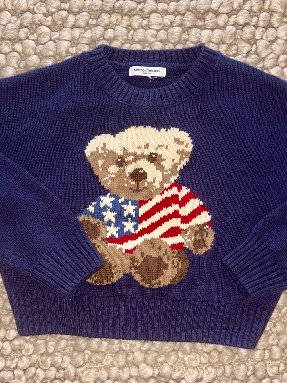 Navy Sweater American Flag & Teddy Bear. Cropped style.